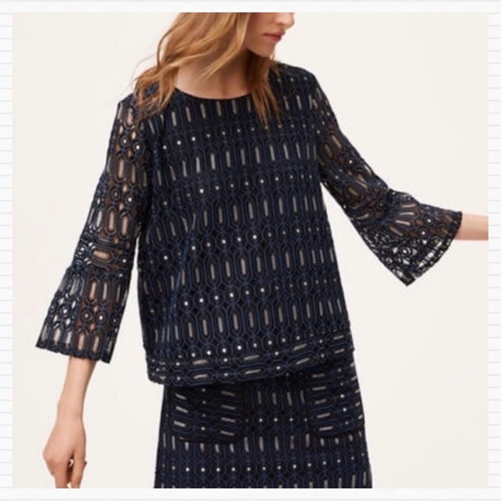 Loft Navy Lace Metallic Crochet Bell Sleeve Blouse - Picture 5 of 12